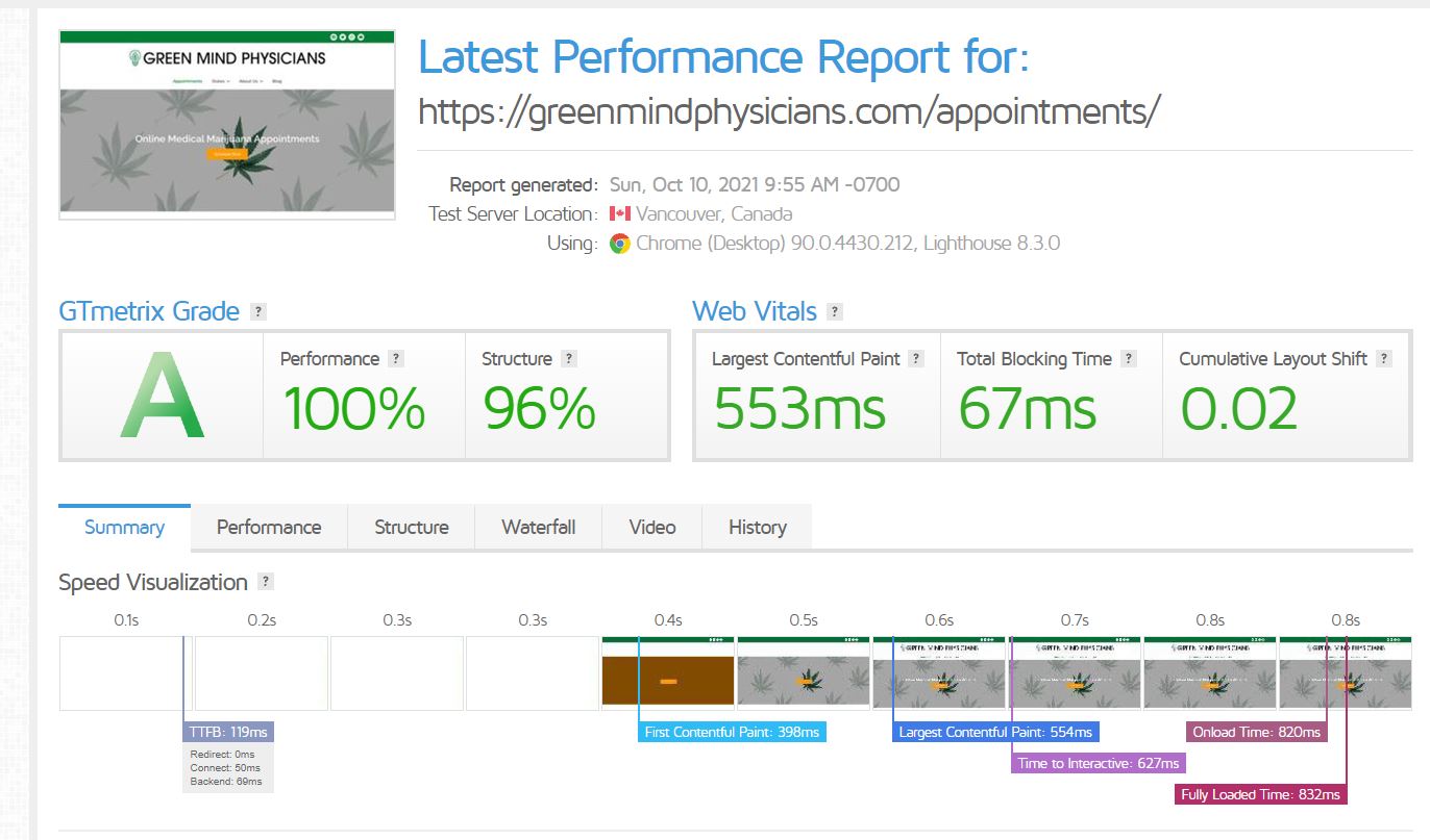 Website received 100% performance grade from GTMetrix